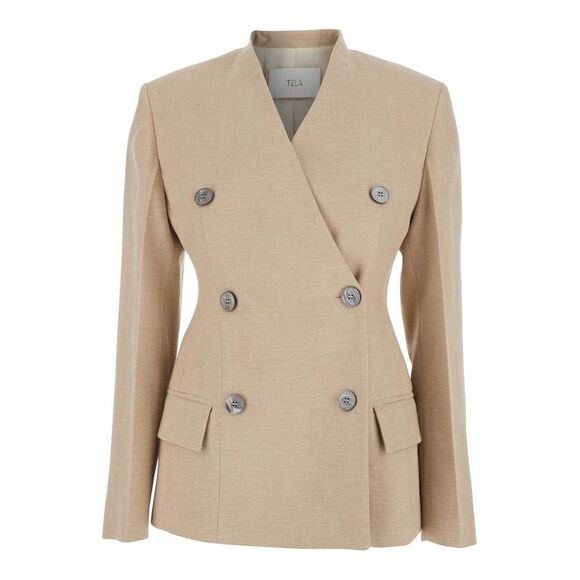 Tela Women Beige Double-Breasted V-Neck Jacket In Linen And Cotton Blend Woman